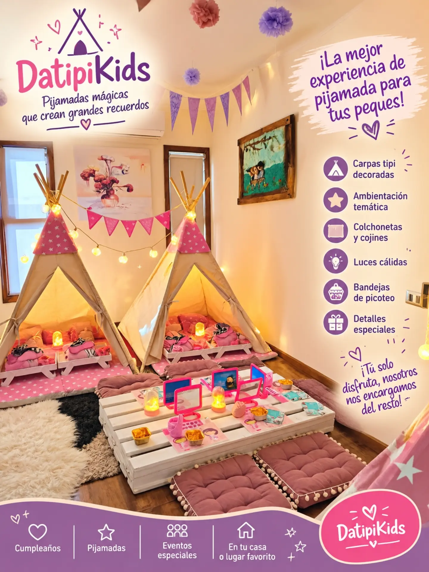 Afiche Datipi Kids: dos carpas tipi rosadas con luces cálidas, banderines y mesa de picoteo, con la lista de lo que incluye la pijamada
